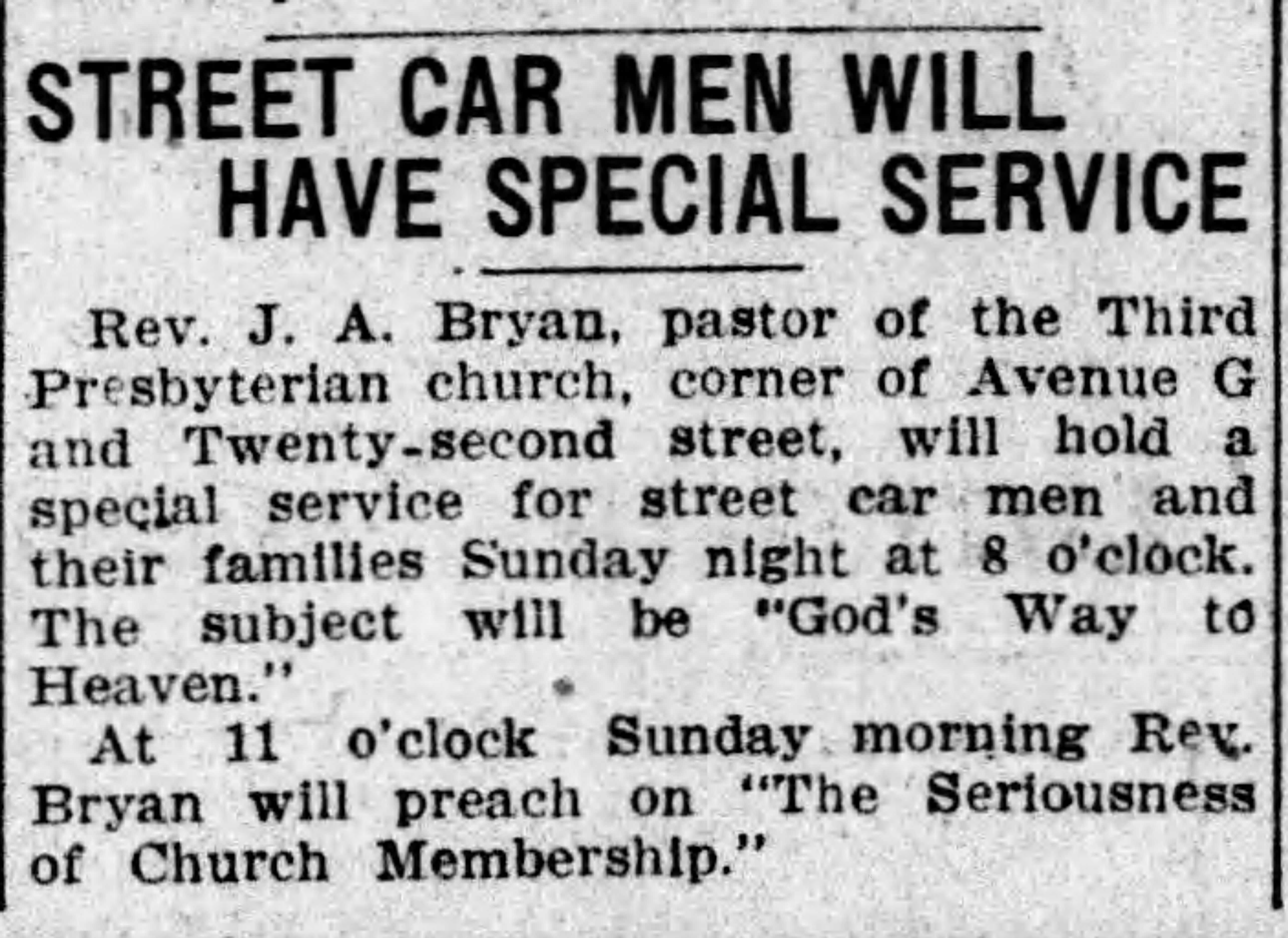 Street Car Men Will Have Special Service